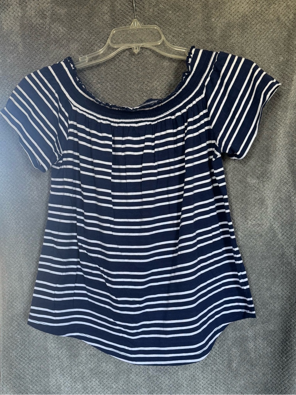 Liz Claiborne Navy and White Striped Off-the-Shoulder Top